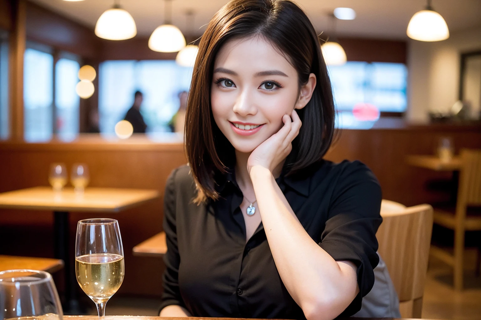 ((Highest quality、8K、masterpiece:1.3))、1 male、1 female、Couple、spouse、石原さとみ似美女Couple、The body is slim、((Bob Hale、Straight hair:1.2)), (Realistic, Intricate details:1.2), テーブルのフルコースディナーとwine glass、Shine light on your face、 Amazing view of the sunset sky and clouds、A bright smile、The wonderfulness of smile、Bright image、The beauty of wine, Beautiful Face, blue eyes, The light shines on your face, Blushing, short hair,Bright Face、 (43 years old), 39 years old, red wine 、Appetizers、Italian food、Wine bottle、Champagne、sparkling wine、Two beauties、Brown Hair、Shortcuts、Long sleeve shirt、dress、Beautiful woman 1, (slimな顔), (The body is slim), (Brown Hair), (Shortcuts), cheeks turn a little red,Attractive beauty、restaurant, In a prominent place (From the waist up) Nova Frog Style, actress, model, Upper Body, White wine, slim, wine glass, 中央に置かれたwine glass, smile, (smile: 1.15), Beautiful fine grain, Depth f/2,saturation, High Contrast, Strong light and shadow,Moist Body:1.5、3D texture、Delicate eyes、Brown Hair、The hair is very shiny、