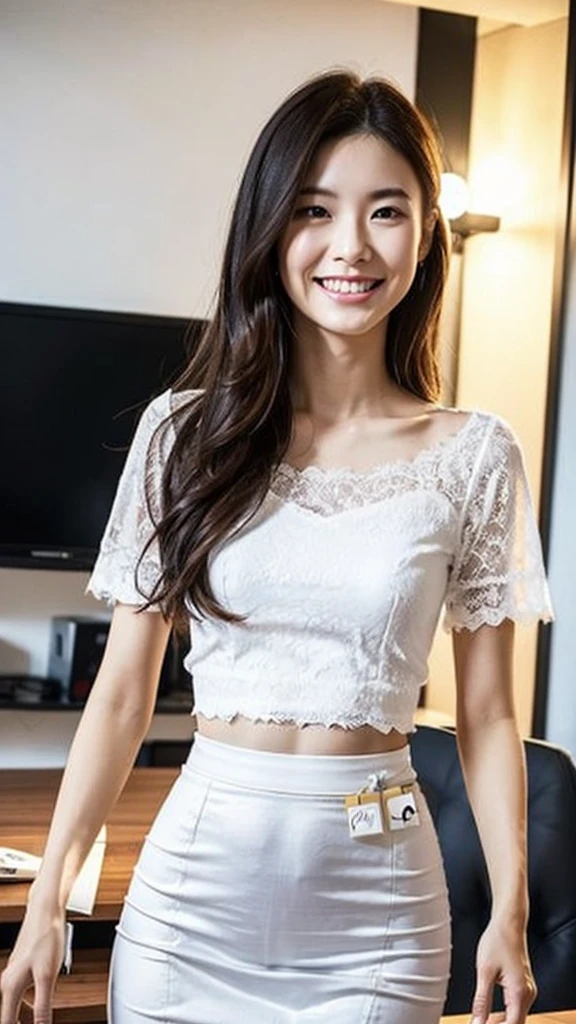 (Highest quality:1.5), (Real:1.4), (Ultra high definition:1.4), (1 Japanese skinny woman in her twenties), (skinny body), skinny face, (White plain blouse), (Long skirt), pumps, (skinny woman is standing in living room at home), (20's skinny woman is standing with white blouse and long skirt on office street), (front view of a skinny woman), office Street, (Close up of upper body), (smile), (Turn your body forward), (upright), (skinny), (skinny), (Very thin)