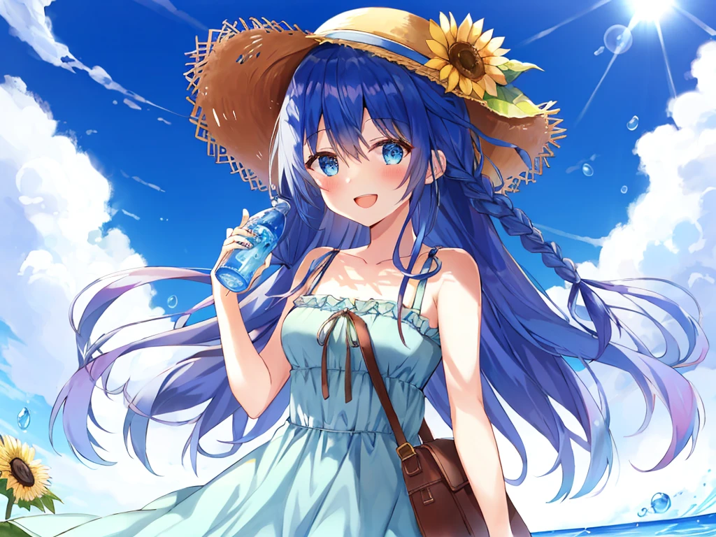 masterpiece, best quality, Super high quality 1girl, :D, bag, bangs, just_shoulDers, blue_Dress, blue_eyes, blue_hair, blush, bottle, braiD, breasts, brown_heaDwear, collarbone, Dress, eyebrows_ass visible_through_hair, flower, fooD, frills, hair_between_eyes, hanDbag, hat, hat_flower, holDing, holDing_bottle, jewelry, long_hair, looking_at_viewer, meDium_breasts, open_mouth, ramune, shoulDer_bag, smile, 独奏, straw_hat, sun_hat, sunflower, very_long_hair, virtual_youtuber