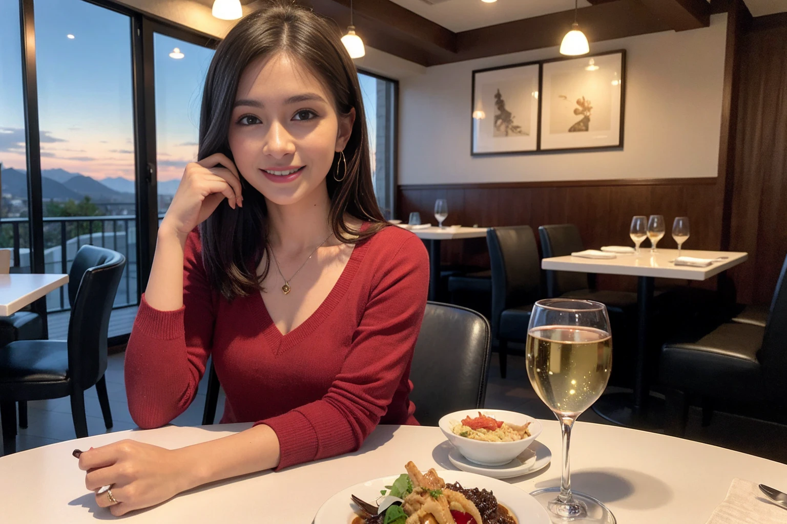 ((Highest quality、8K、masterpiece:1.3))、1 male、1 female、spouse、Beautiful couple、smile、 (Slim face), (the body is スリム), (Brown Hair), (Shortcuts), ((Bob Hale、Straight hair:1.2)), テーブルの上のwine glass、Please shine a light on my face、 Amazing view of the sunset sky and clouds、Amazing mountain views、smileの美しさ、Bright image、Blushing, Shortcuts,Bright Face、42 years old), 39 years old, red wine 、Appetizers、Italian food、Wine bottle、Champagne、sparkling wine、Long sleeve shirt、dress、Attractive beauty、restaurant, Nova Frog Style, actress, model, Upper Body, White wine, red wine, wine glass,