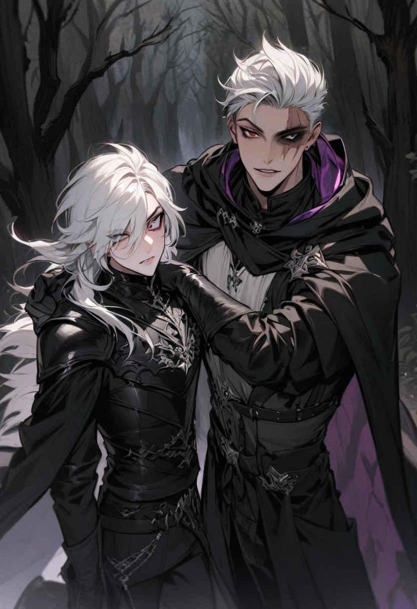 fantasy, whitehair, tall, glove, handsome, villian face, odd eye, 21 yearold, wearing black leather armor, male, fashion hair curryyoung man ,Male Dark, dark Woods,Red & Black colors, rogue dnd, wear cape, hood, have scar
