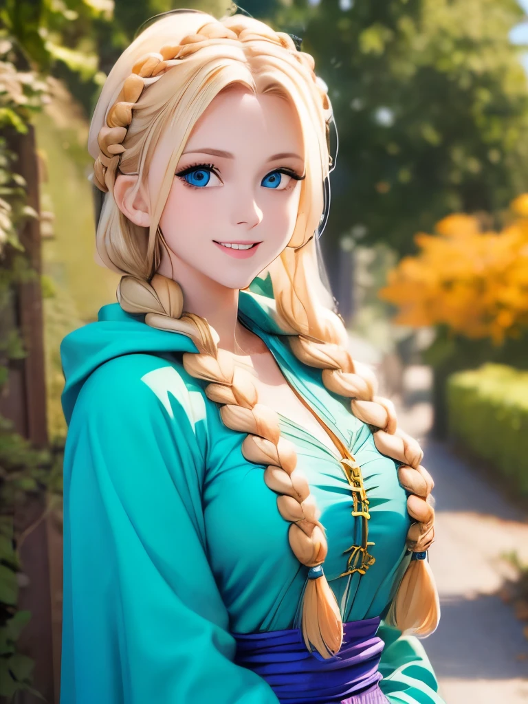 One Caucasian Beauty, blonde hair in braids,Bianca,Dragon Quest V, ssmile, big pale blue eyes, Woman in green dress and orange cloak,