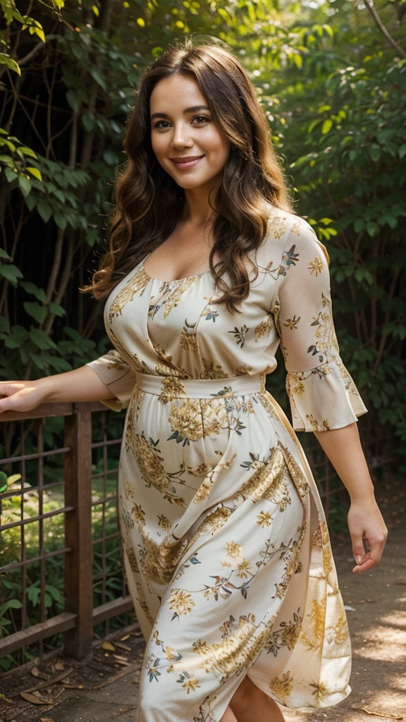 A beautiful and hot almost chubby mature woman.long curly hairstyle, who is wearing a golden floral dress. And standing in nature. A smiling face