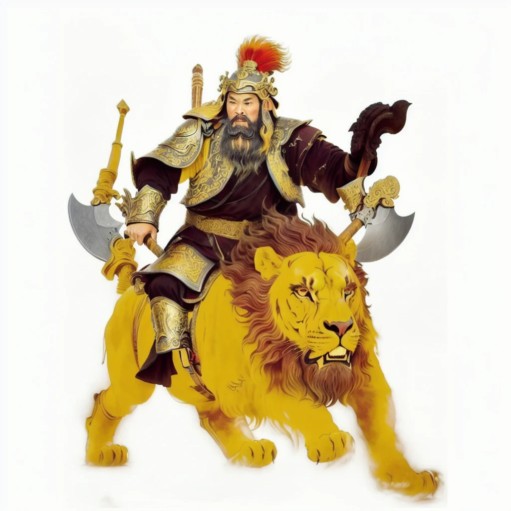 a wild beard ancient chinese warrior with armour holding axes, riding on a lion looked monster, black robe,Gourd on the back,tusk on the lion