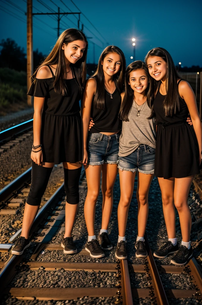 3 teenage sisters playing on the edge of the train tracks at night
