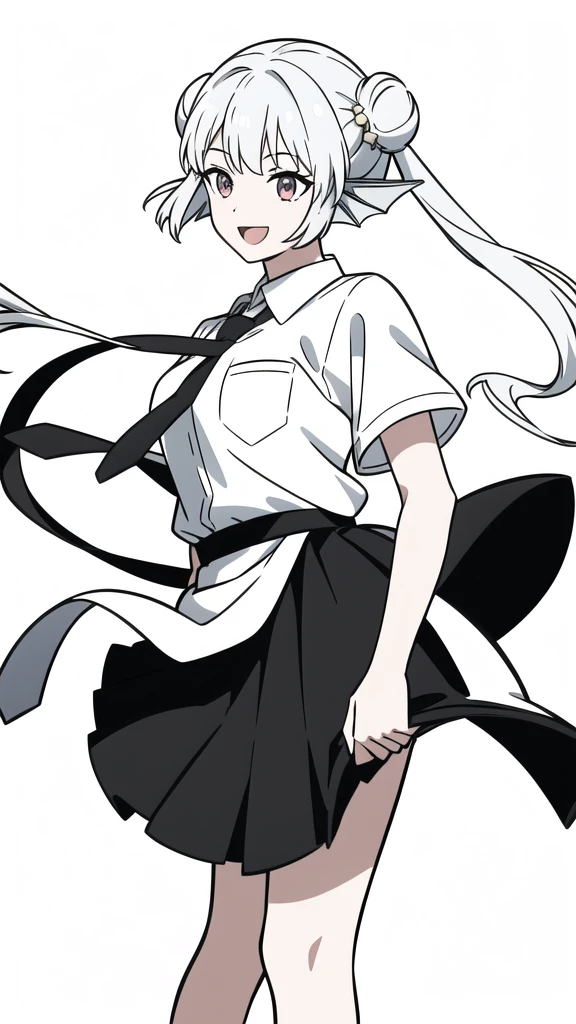 1girl,20 years old,solo,(no background),long hair,white hair,finana,twintails,((white shirt,short sleeves,black standart tie,black skirt)),open mouth,outstretched hand,smile,double bun,(from front)