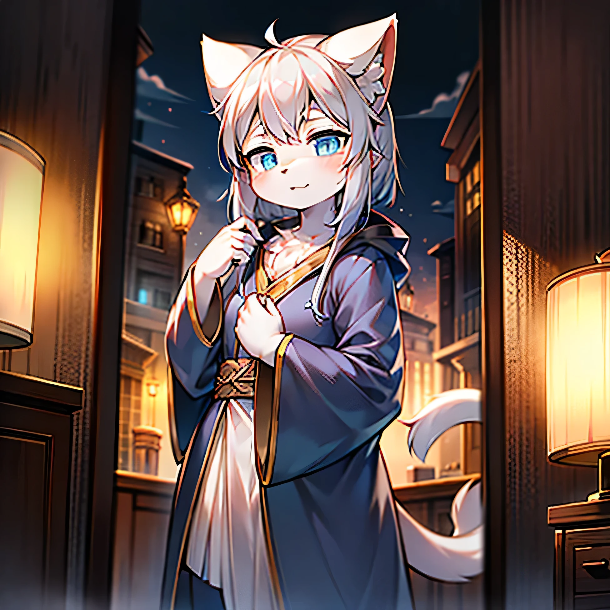 furry, cute face, ambient light, ultra detailed fur, volumetric light, silver hair, hairy hands, girl, blue eyes, stand, open-head robe, cat, Back close-up