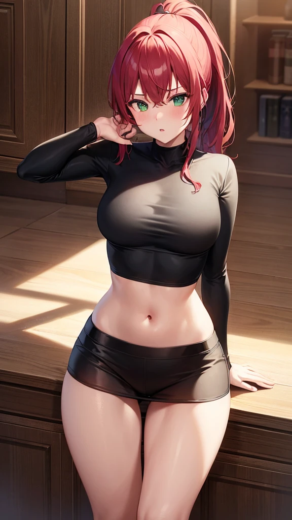 1girl, underwear, tight shirt, lingerie, big chest, green eyes, long torso, red hair, ponytail, shiny skin, reaching at the top of a cupboard, seductive look