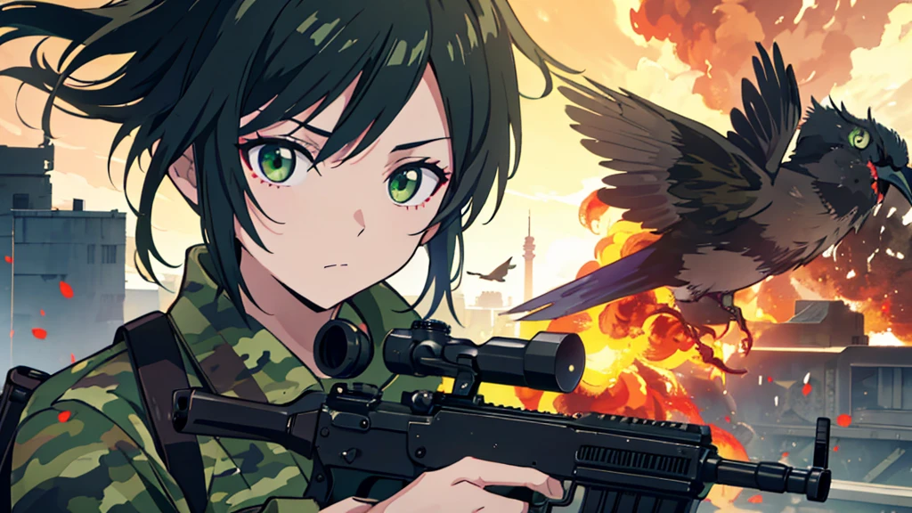 1man, close up, facing viewer, asian, black hair, green eyes, wearing american camo soldier uniform, running, assault rifle, birds, prophets, operations, luna, war torn city, shooting, explosions, absurdres, high res, ultrasharp, 8K, masterpiece, looking at viewer