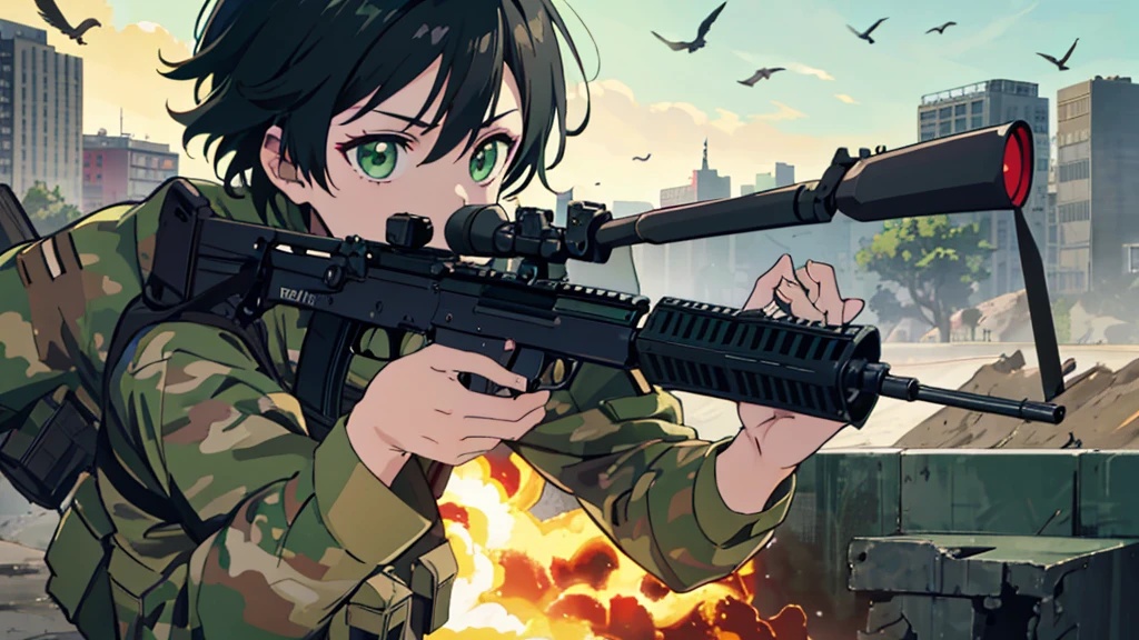 1man, close up, facing viewer, asian, black hair, green eyes, wearing american camo soldier uniform, running, assault rifle, birds, prophets, operations, luna, war torn city, shooting, explosions, absurdres, high res, ultrasharp, 8K, masterpiece, looking at viewer