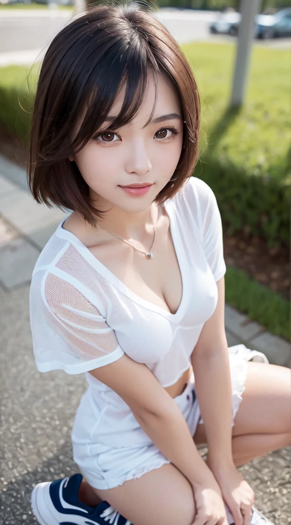 ((((masterpiece, Highest quality, High resolution)))), Extremely detailed 8K, Beautiful Asian, Fair-skinned girl with a voluptuous body, (Ultra HD, Super detailed, Very detailed, Very realistic, Ultra-realistic, Photo Real), (One girl), (Realistic colored hair), Short Wavy Hair, Bobcut, (Dynamic pose for the camera, Naughty smile, blue eyes, (Small Bust:1.5), Beautifully detailed face, Beautiful attention to detail), (See-through white high school casual T-shirt:1.0), Cleavage, (See-through white cotton skirt:1.0), shine, Sweat, (Sunbeam, sunlight, (high school shoes:1.2).