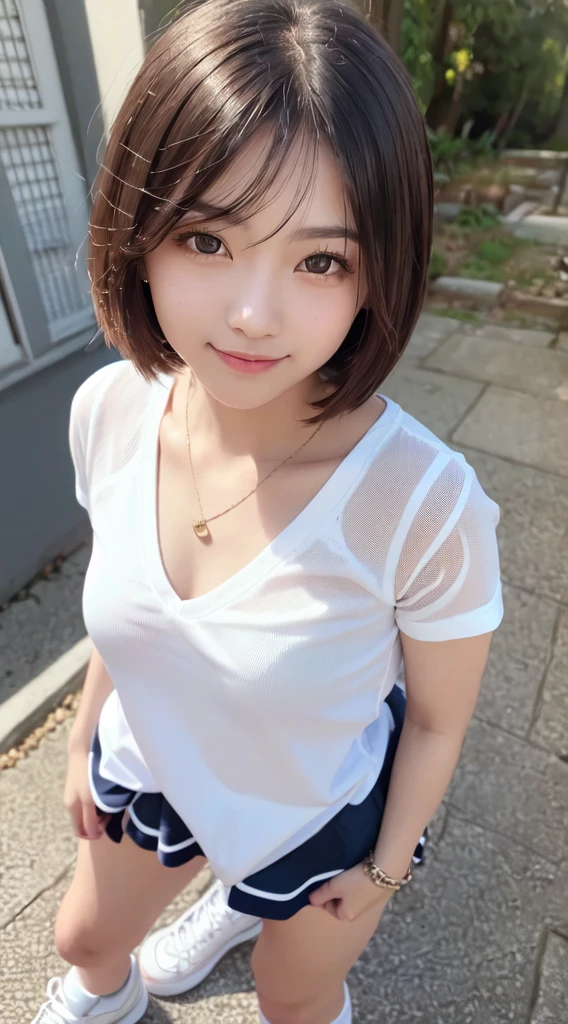 ((((masterpiece, Highest quality, High resolution)))), Extremely detailed 8K, Beautiful Asian, Fair-skinned girl with a voluptuous body, (Ultra HD, Super detailed, Very detailed, Very realistic, Ultra-realistic, Photo Real), (One girl), (Realistic colored hair), Short Wavy Hair, Bobcut, (Dynamic pose for the camera, Naughty smile, blue eyes, (Small Bust:1.5), Beautifully detailed face, Beautiful attention to detail), (See-through white high school casual T-shirt:1.0), Cleavage, (See-through white cotton skirt:1.0), shine, Sweat, (Sunbeam, sunlight, (high school shoes:1.2).