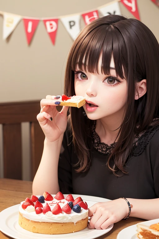 Woman eating birthday cake