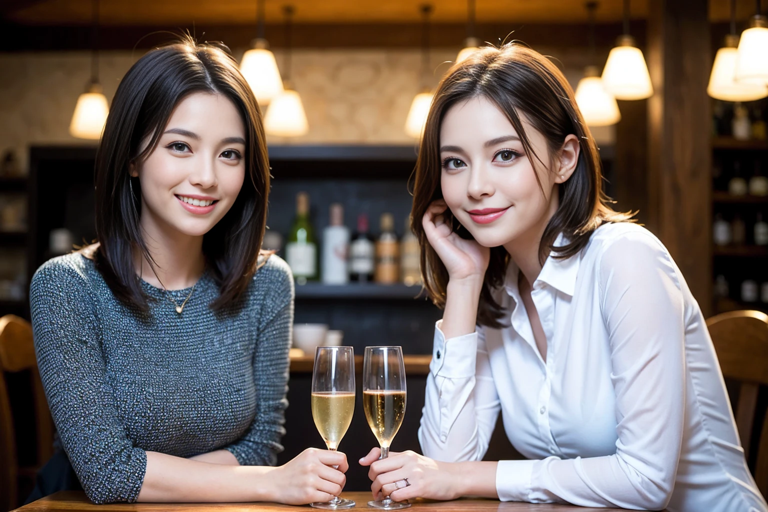 ((Highest quality、8K、masterpiece:1.3))、のsmile、1 male、1 female、Beautiful couple、love love love、Lovers in Paris、Good friends、actress couple、smile、Full-course dinner at a packed table、Brown Hair Couple、the body is スリム、((Bob Hale、Straight hair:1.2)), (Realistic, Intricate details:1.2), Wine glasses on the table、Put the light on your face、 Amazing view of the sunset sky and clouds、A bright smile、The wonderfulness of smile、Bright image、The beauty of wine, Beautiful Face, blue eyes, The light shines on your face, Blushing, short hair,Bright Face、 (Age 37), 39 years old, red wine 、Wine bottle、Champagne、sparkling wine、Two beauties、Brown Hair、Shortcuts、Long sleeve shirt、dress、Beautiful woman 1, (Slim face), (the body is スリム), (Brown Hair), (Shortcuts), cheeks turn a little red,Attractive beauty、restaurant, 