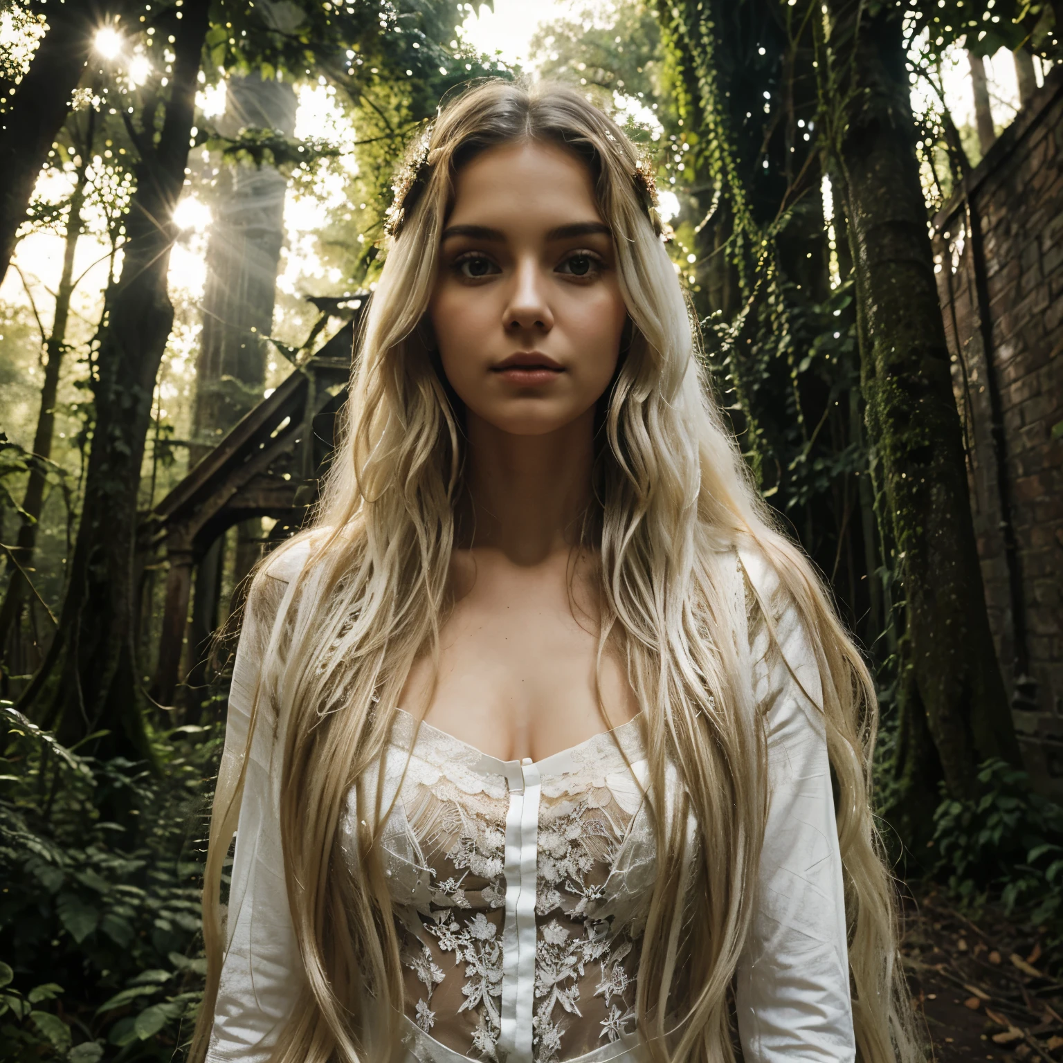 Beautiful slim white woman, long wavy asymmetrical hair with antique angel look, amidst overgrown ruins and nature deep in a forest, evening lights