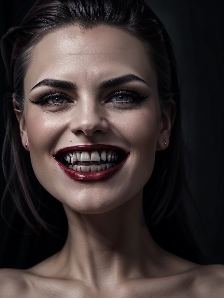 nsfw, Gothic horror, 1 erotic vamp, solo, mature sexy adult, evil MILF, lady from hell, vampire beauty, femme fatale, evil apostle of darkness, peerless beauty, (((((👄, 👅, Sensually Baring Her Fangs, Vampire Bite),(slyly looks), (Cruel grinning slit eyes), (evil roguish smile))))), a Vampire Kiss, masterpiece, perfect anatomy, ideal facial features, ideally proportioned figure, perfectly beautiful body, Has a sharp look in their eyes, makeup, sensual Blonde, Very short, pixie cut, Beautifully detailed eyes, double eyelid, (eyeliner:1.2), mascara, eyeshadow, golden eyes, Beautifully detailed nose and nostrils, Beautifully detailed lips, (lipstick:1.1),(Dark red lips, glossy lips), (Vampire Fangs), tongue, saliva, Focus only on the mouth, Woman mouth close up, from front, glaring at you

