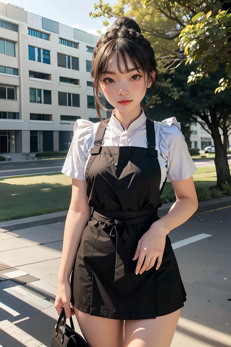 1girl,legs,a girl at building,(((building))), braided bangs,braided ponytail,(solo:1.2),apron,thick thighs,side-tie panties, balck hair, 16yo,looking at viewer, sunlight,hanfu,