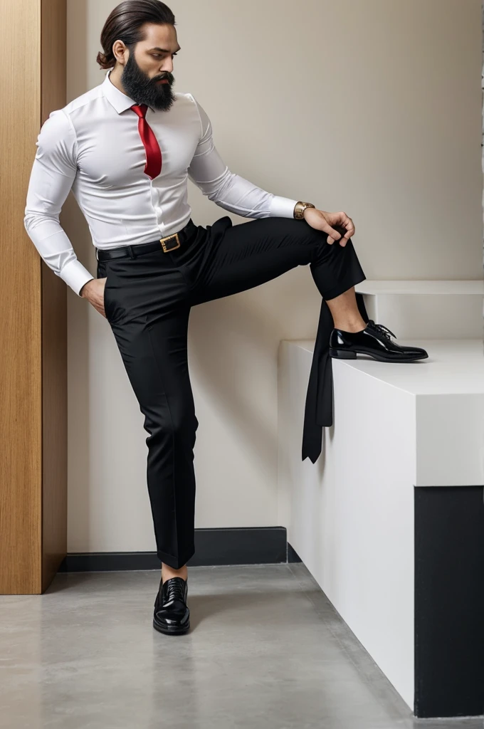Masculine man with beard wearing tight white shirt, black shoes, black pants and red tie, that has a gold button on the left chest of the shirt