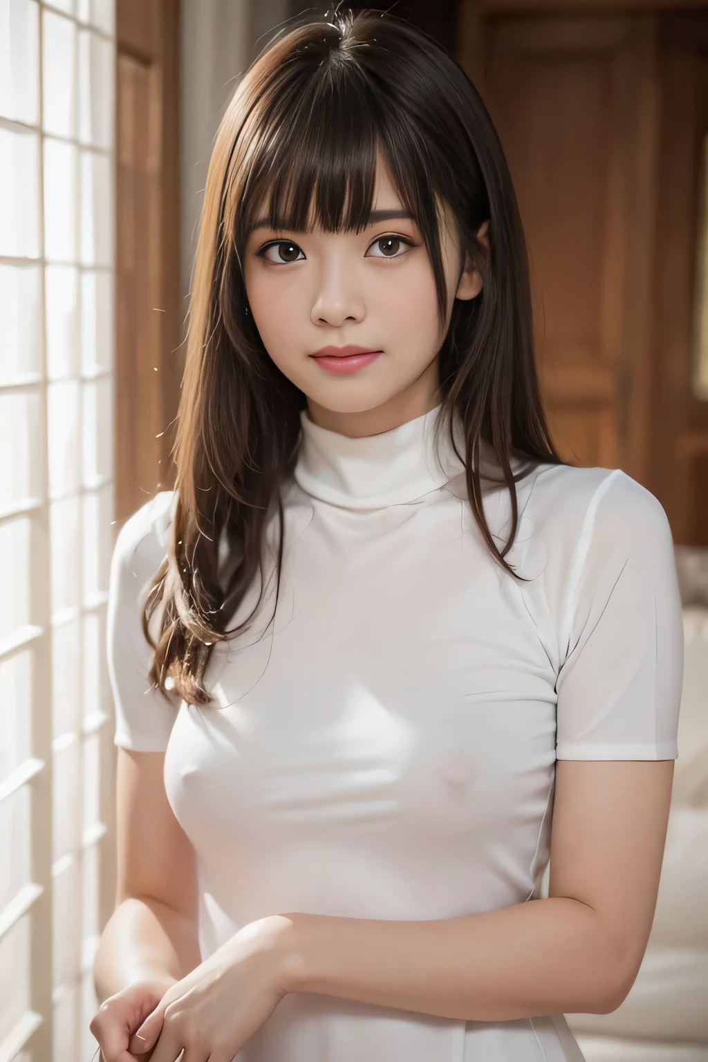 Random Pause, Mix 4,8K, RAW Photos, Highest quality, masterpiece: 1.45), (Realistic, photoRealistic: 1.37), one girl:smile, cute, , , Professional Lighting, Photon Mapping, , Physically Based Rendering, , {{{See-through white tight short-sleeved turtleneck::Nipples}}}, White skin, best quality photos, High resolution, 1080P, (Clear Face), (Detailed face description), (Detailed hand description), (masterpiece), ), Extreme light and shadow, (Straight Hair:1.5}, masterpiece, Rich details, (Beautiful Face), (Highest quality photo ), (masterpiece), (bangs:1.5), Look in front of you, Thin clavicle, (Small breasts:1.4),