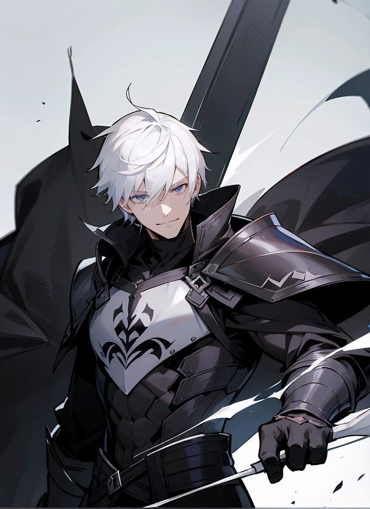 1 , handsome fashion hair,black hair highlight white hair, fanstasy, smile face, male ,fantasy, reaper, hunter with blackshortsword, villian face, black armor , darkness wolrd, bad