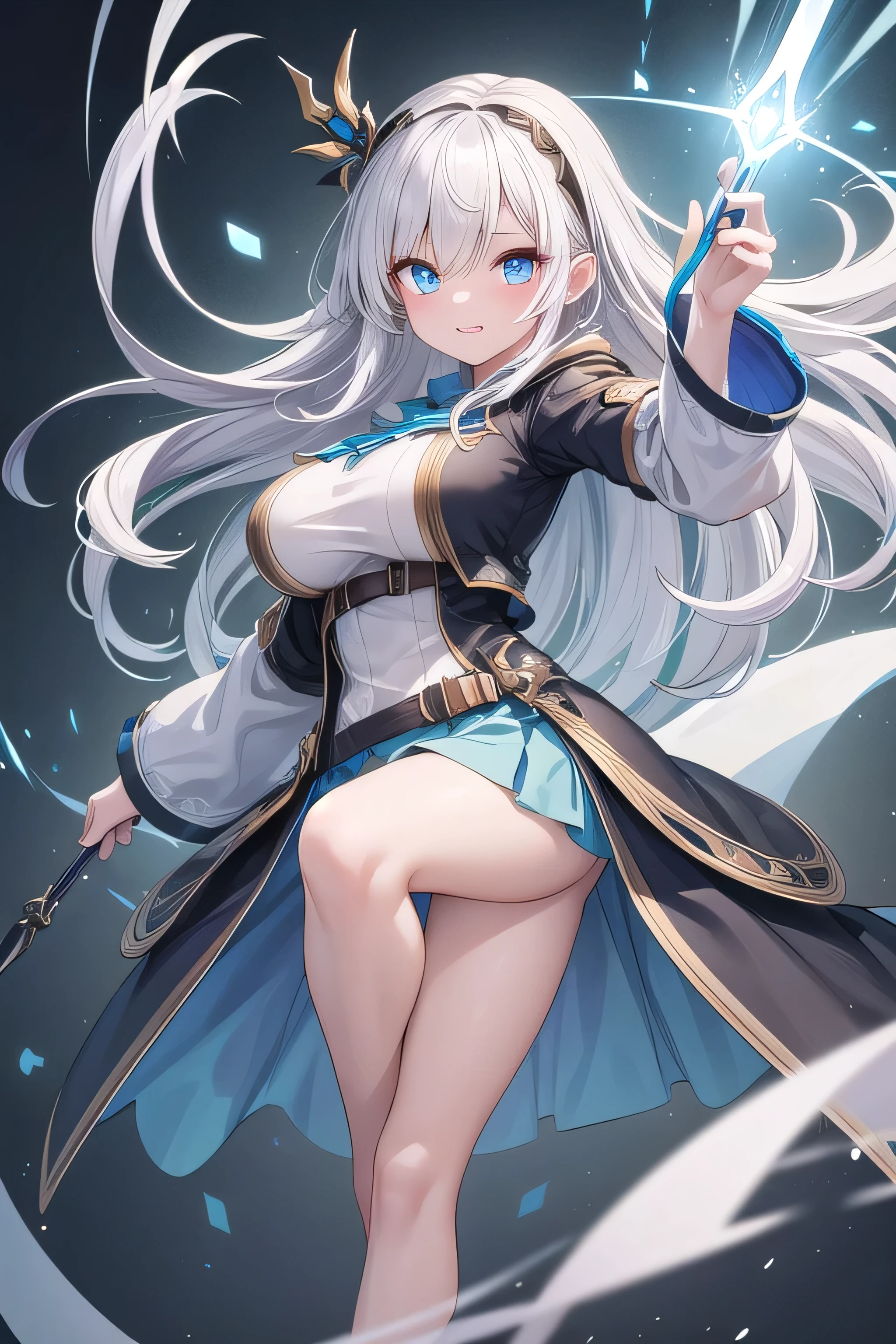 最high quality、high quality、best image quality、8K、最High resolution、High resolution、最high quality、masterpiece、whole body photos、 skin in every detail、 face in every detail、 eyes in every detail、 lips in every detail、 teeth in every detail、 ears with attention to detail、 hair with detailed details、arms with attention to detail、 hands with attention to detail、 fingers with attention to detail、 (fine hands、thumb1reference4)、 legs with attention to detail, feet with attention to detail, 8k, ultra HD, sharp focus, details hair, beautiful hair, details face, beautiful detail eye, details pupil, perfect hand, vibrant colours, soft lighting.
1girl, long hair, hair accessory, style hair, white hair, radiant blue sea eyes, glow eyes, massive giant breast, magic clothes jacket, hoodie, short skirt, long stocking, shoes, magic effect, breasts grab
at stages, standing, magic wand, holding magic wand