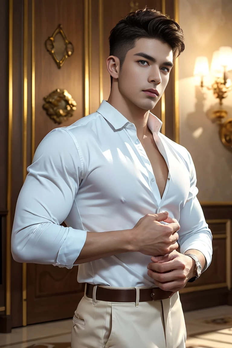 Ultra wide angle,((masterpiece)),((best quality)),8K,High Detail,Very detailed, 2 handsome muscular boys,Very manly,golden brown eyes,Stylish short hair,Vivid male image, Fashion pose, masculine expression,Real skin texture, ((Perfect hand details)),((Real and complete hand details)),Light,
Royal blue style couple,White male model photos
