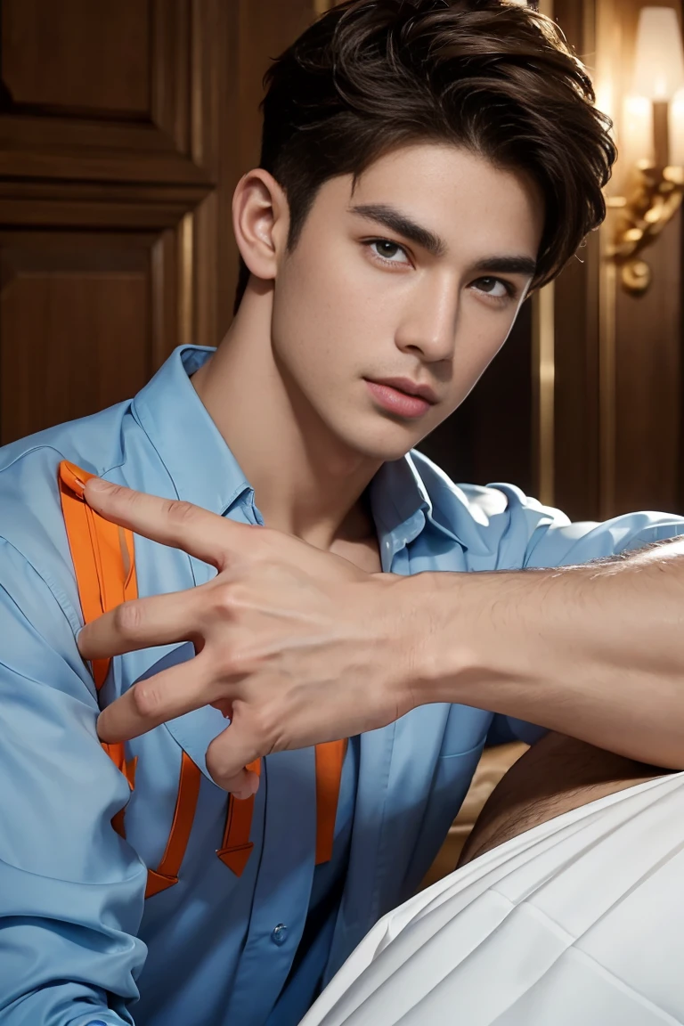Ultra wide angle，((masterpiece)),((best quality)),8K,High Detail,Very detailed, 2 handsome muscular boys，Very manly，golden brown eyes，Stylish short hair，Vivid male image, Fashion pose, masculine expression，Real skin texture, ((Perfect hand details))，((Real and complete hand details))，Light,
Royal blue style couple，White male model photos