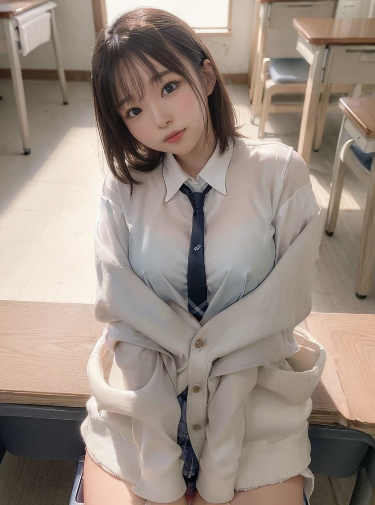top quality、highest resolution、very very detailed、masterpiece、raw photo、realistic、photorealistic、Very delicate and beautiful.、delicate details、textured skin、1 girl、alone、is it so、18 year old japanese girl、wearing high school、classroom、(body facing the camera:1.3)、(Sit on a school chair with your legs spread to the side.:1.2)、(Show me your white panties:1.2)、Dark blue jacket and plaid skirt、white shirt、tie、Black Loafer’s face is really pretty.:1.5)、tall、brown hair、(bare legs:1.1)、perfect proportions、(No upper body exposure)、(In SFW)
