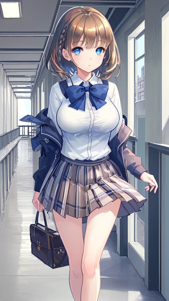 1 girl, masterpiece, best quality, Very detailed，1 girl, natural lighting, masterpiece, Very detailed, illustration, Game CG, Ridiculous, high quality, Aican, Large Breasts, blue eyes, Beautiful and delicate eyes, Brown short hair, Side braids, School, Casual suits, Plaid Mini Skirt, High Leg Raise, School hallway，Thin clothing