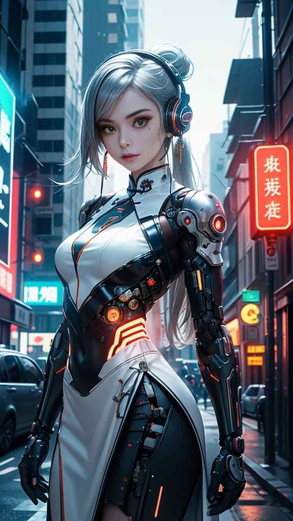 1 girl, Chinese_clothes, liquid silver and orange, cyberhan, cheongsam, cyberpunk city, dynamic pose, detailed luminous headphones, glowing hair accessories, long hair, glowing earrings, glowing necklace, cyberpunk, high-tech city, full of mechanical and futuristic elements, futurism, technology, glowing neon, orange, orange light, sexy skirt, transparent streamers, laser, digital background urban sky, big moon, with vehicles, best quality, masterpiece, 8K, character edge light, Super high detail, high quality, the most beautiful woman in human beings, slight smile, face facing front and left and right symmetry, ear decoration, beautiful pupils, light effects, visual data, silver white hair, super detail face texture, happy and proud, weapon system,all white ,cyborg white