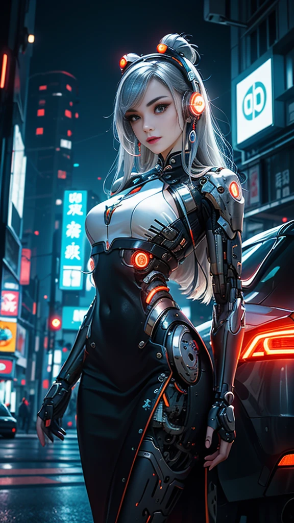 1 girl, Chinese_clothes, liquid silver and orange, cyberhan, cheongsam, cyberpunk city, dynamic pose, detailed luminous headphones, glowing hair accessories, long hair, glowing earrings, glowing necklace, cyberpunk, high-tech city, full of mechanical and futuristic elements, futurism, technology, glowing neon, orange, orange light, sexy skirt, transparent streamers, laser, digital background urban sky, big moon, with vehicles, best quality, masterpiece, 8K, character edge light, Super high detail, high quality, the most beautiful woman in human beings, slight smile, face facing front and left and right symmetry, ear decoration, beautiful pupils, light effects, visual data, silver white hair, super detail face texture, happy and proud, weapon system,all white ,cyborg white 