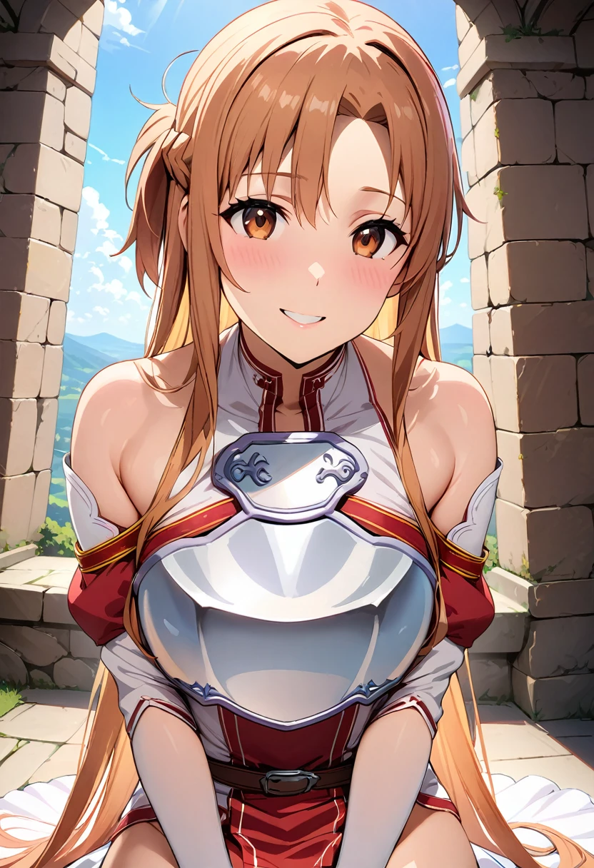 ((masterpiece)), Highest quality, Very detailed,(One Girl),Yuuki asuna、asuna(stay), brown eyes, bare shoulders, breastplate, armor, detached sleeves, gloves, white gloves, (red and white dress), Long Hair, smile, Beautiful background ,(Completely naked), NSFW,