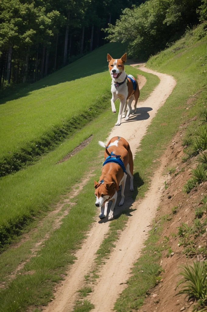 Snoop doggo and his owner climbing a hill