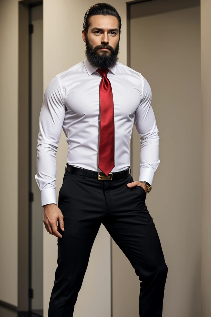 Masculine man with beard wearing tight white shirt, black shoes, black pants and red tie, that has a gold button on the left chest of the shirt, posing standing