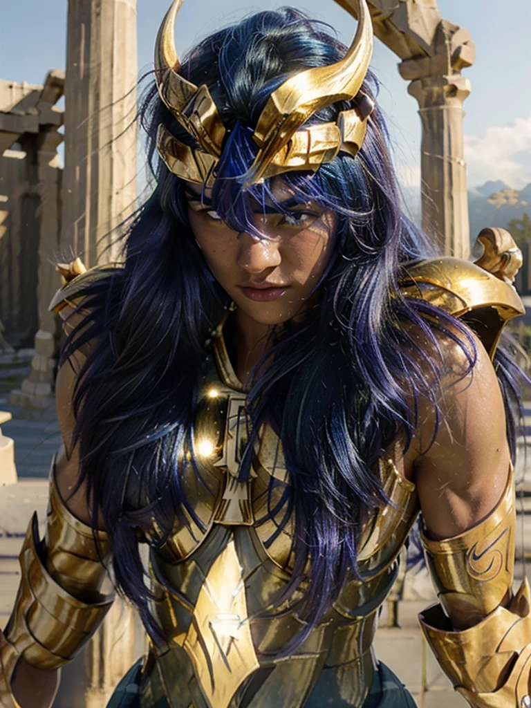 masterpiece, highest quality, 超High resolution, realistic skin texture, armature, (realistic:1.4), High resolution, Raw photo, 1 male, Blue-violet hair,shiny skin, (detail skin:1.2), realistic skin texture, best writing, shine, Mecha armor, dramatic lighting, ((Background of Greek temples:1.3)), universe, Sunny,scorpion armor, golden armor, (cleavage), (white skin), (blue long hair:1.2), (muscular), (Helmet:1.2), face,kicking