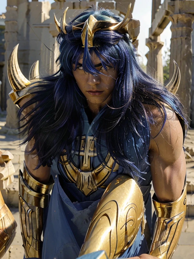 masterpiece, highest quality, 超High resolution, realistic skin texture, armature, (realistic:1.4), High resolution, Raw photo, 1 male, Blue-violet hair,shiny skin, (detail skin:1.2), realistic skin texture, best writing, shine, Mecha armor, dramatic lighting,  ((Background of Greek temples:1.3)), universe, Sunny,scorpion armor, golden armor, (cleavage), (white skin), (blue long hair:1.2), (muscular), (Helmet:1.2), face,kicking