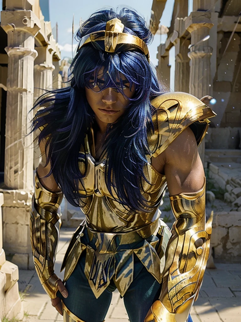 masterpiece, highest quality, 超High resolution, realistic skin texture, armature, (realistic:1.4), High resolution, Raw photo, 1 male, Blue-violet hair,shiny skin, (detail skin:1.2), realistic skin texture, best writing, shine, Mecha armor, dramatic lighting,  ((Background of Greek temples:1.3)), universe, Sunny,scorpion armor, golden armor, (cleavage), (white skin), (blue long hair:1.2), (muscular), (Helmet:1.2), face,kicking