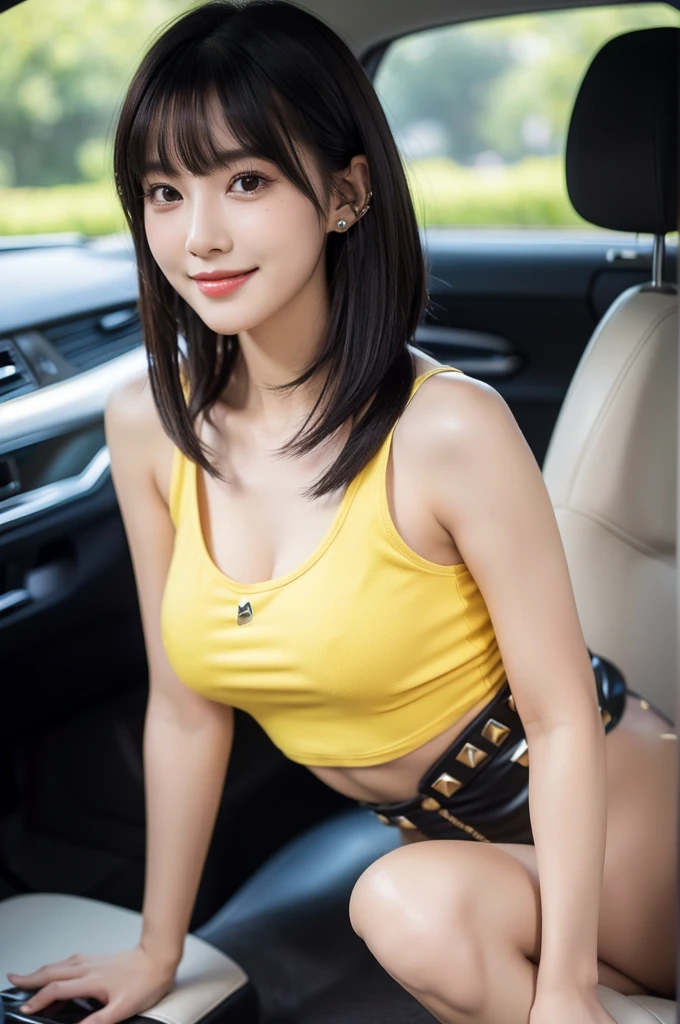 taxi interior,taxi driver,((full body)),((photo)),((best qualtiy, 8K, tmasterpiece:1.3)), Focus:1.2, perfect figure beautiful girl:1.4,1girl,cowboy shot,look at viewer,incredibly absurd, beautiful and cute girl with a photorealistic face, showcasing top-quality craftsmanship, Chinese American female working as a taxi driver, 24 years old, short bob hairstyle, long bangs, straight hair swept to the side, thick hair, black hair that sparkles in the sunlight, large eyes, double eyelids, jet black eyes, long eyelashes, small nose, elegant mouth, white teeth, cute smile, gentle eyes, fair skin, smooth skin, clean features, strong gaze, , delicate, slender, small B cup breasts, yellow tank top, white shorts, black sandals, silver watch, stud earrings, beautiful girl, soothing, cute voice, cheerful, curious, loves to talk, friendly, sociable, considerate, cares for those around her, July