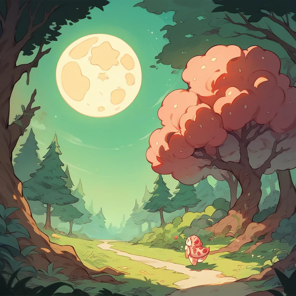 Strawberry Moon, very large display in upper half, dark forest in lower half, star-filled sky