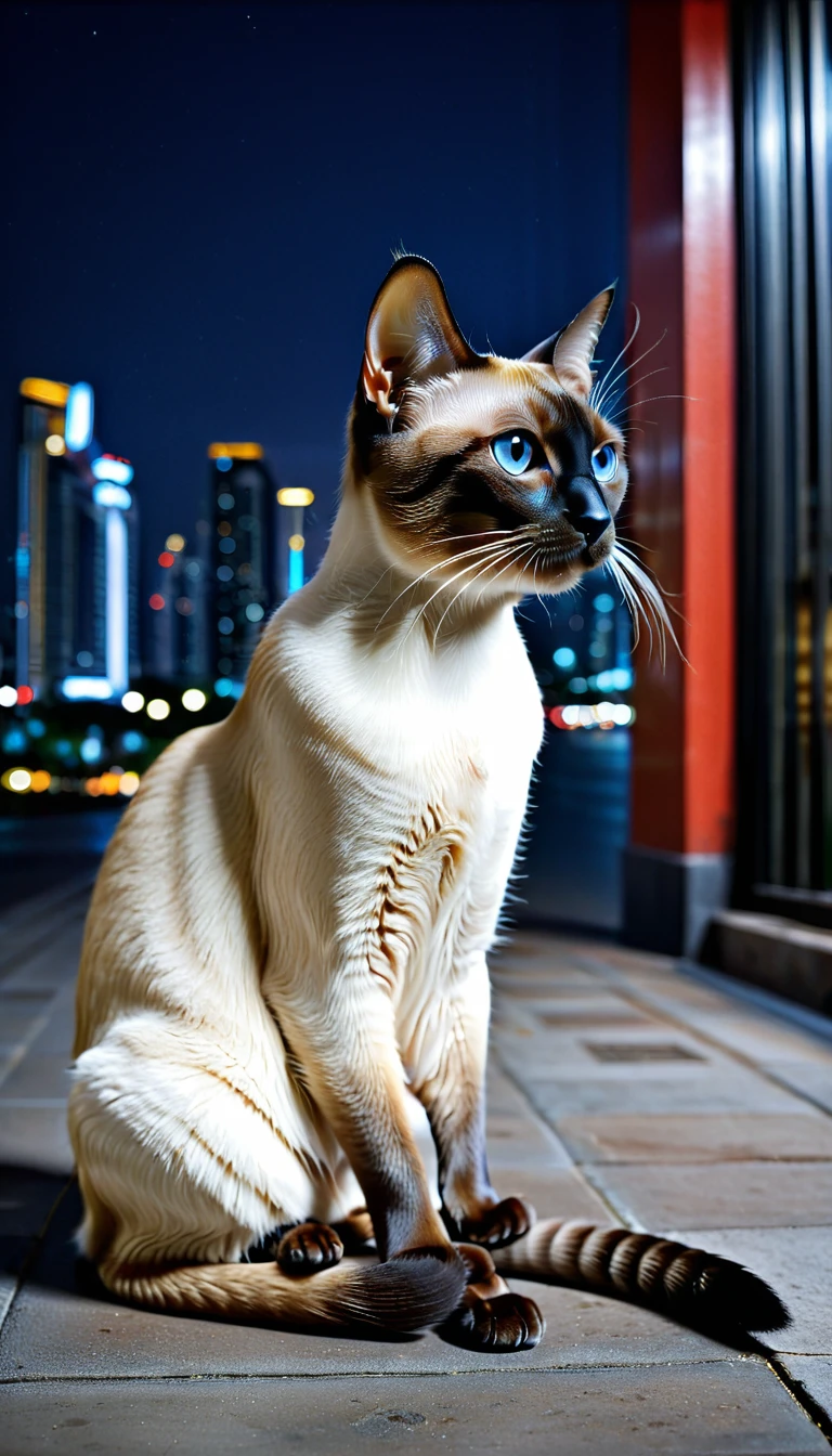 There is no one, realistic photo, photo realism, realism, siam (Siamese) cat, perfect composition, intricate details, Very sharp, masterpiece, profile, high resolution, full body photo in city night view