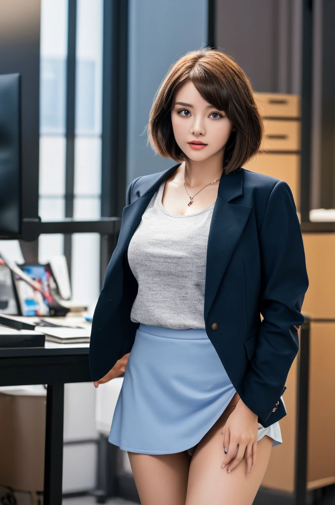 a 19 year old face of the most beautiful actress in the world, the short hair cut of a female is just like male one, the perfect body proportions of a female, blazer is worn on blouse of female upper body with it's large breasts, panties between bare legs are almost seen thanks to skirt is too short, standing, at the office, nsfw, best quality, highly detailed, masterpiece, ultra high res, photo realistic, 8k