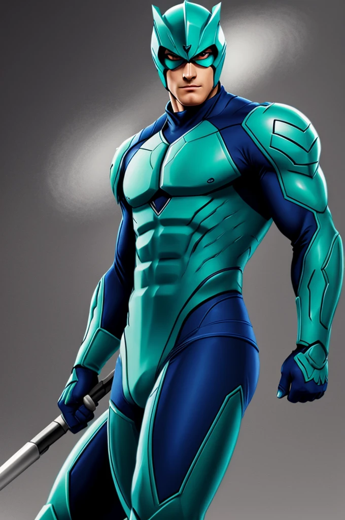 Draw a humanized blue falcon with green eyes 