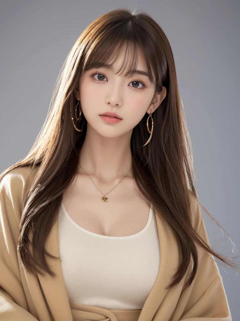 ((Highest quality, 8K, masterpiece:1.3)), concentrate: 1.2, Perfect body beauty: 1.4, Hips: 1.2, ((Long Hair, chest: 1.2)), (Dry clothes: 1.1) , (clear, Simple Background:1.3), Simple clothes: 1.1, Highly detailed face and skin texture,Delicate eyes, double eyelid, Whitened skin, Rough skin、Long Hair、Earrings with bangs、necklace、 solo、Beige coat、White shirt, (((Beautiful girl with cute Japan)))、 ((Beautiful Japanese girl 20 years old))、 ((Baby Face))、 (((Slender body)))、 Upper Body,Face focus、necklace,Simple Background,From above, Realistic Hair、 A photograph was taken:Canon EOS R6、135mm、1/1250 seconds、f2.8、ISO400、(Detailed explanation of the hand)、(Masseter muscle area)、(Exquisite CG)、Long Hair, loose and curly hair、Korean Hair、Long Hair明るいベージュ色、グラデーションハイライトグレージュのゆるふわLong Hairスタイル、