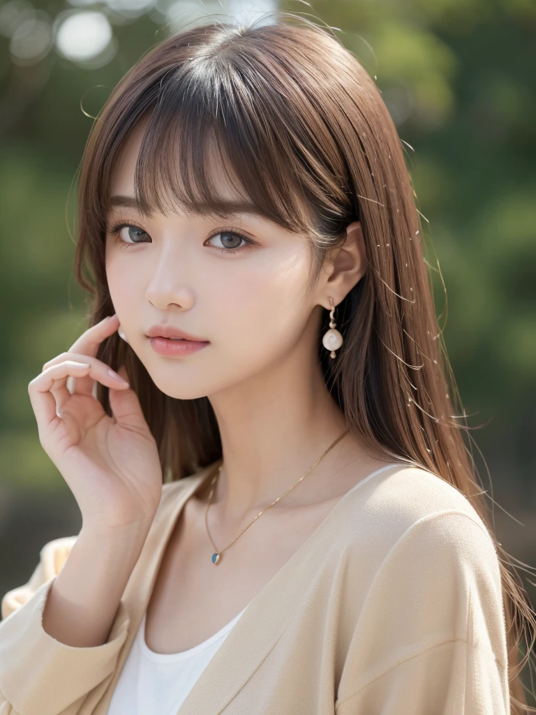 ((Highest quality, 8K, masterpiece:1.3)), concentrate: 1.2, Perfect body beauty: 1.4, Hips: 1.2, ((Long Hair, chest: 1.2)), (Dry clothes: 1.1) , (clear, Simple Background:1.3), Simple clothes: 1.1, Highly detailed face and skin texture,Delicate eyes, double eyelid, Whitened skin, Rough skin、Long Hair、Earrings with bangs、necklace、 solo、Beige coat、White shirt, (((Beautiful girl with cute Japan)))、 ((Beautiful Japanese girl 20 years old))、 ((Baby Face))、 (((Slender body)))、 Upper Body,Face focus、necklace,Simple Background,From above, Realistic Hair、 A photograph was taken:Canon EOS R6、135mm、1/1250 seconds、f2.8、ISO400、(Detailed explanation of the hand)、(Masseter muscle area)、(Exquisite CG)、Long Hair, loose and curly hair、Korean Hair、Long Hair明るいベージュ色、グラデーションハイライトグレージュのゆるふわLong Hairスタイル、