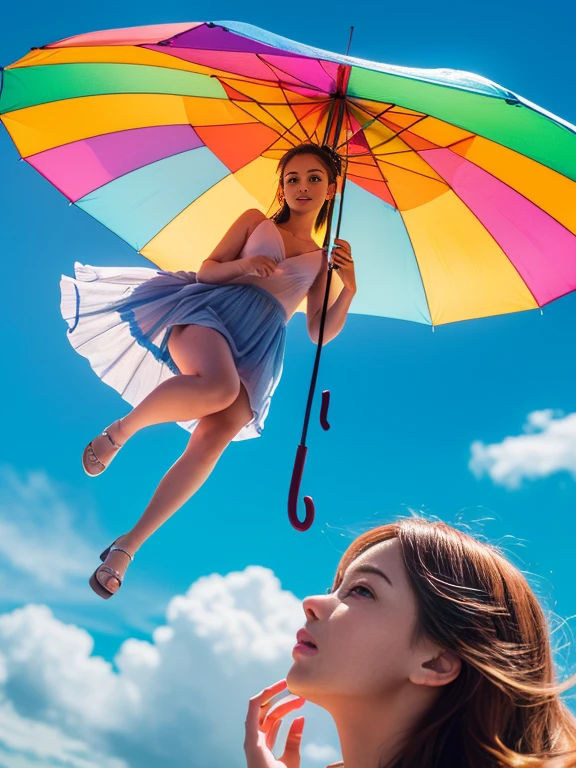 A girl floating in the air holding a large colorful umbrella, low angle view, blue sky background, (best quality,4k,8k,highres,masterpiece:1.2),ultra-detailed,(realistic,photorealistic,photo-realistic:1.37),fantasy,magical realism,dreamy,whimsical,vibrant colors,dramatic lighting,soft focus,cinematic,intricate details,stunning composition