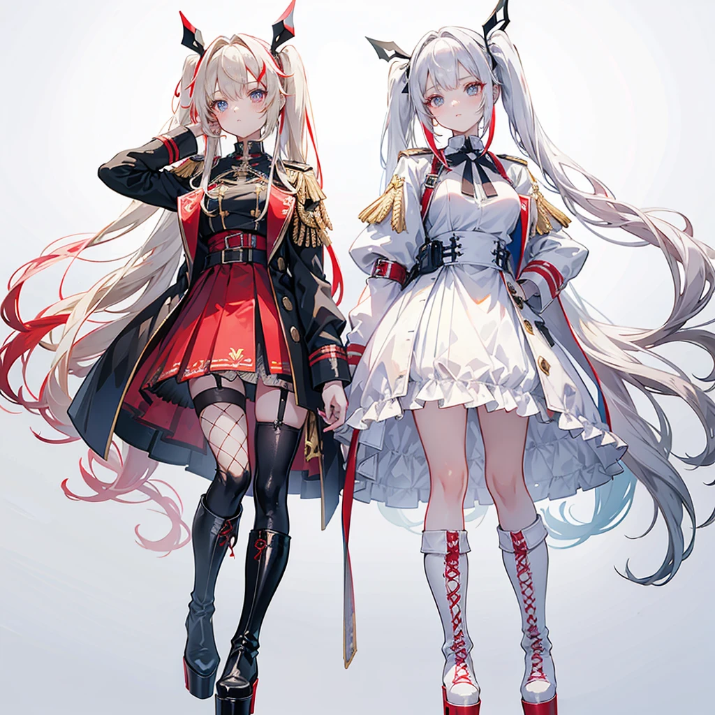 Two girls, one with beige hair and very red eyes, the other with white hair and blue eyes, pigtails, long hair, white background, colorful jewels, light, high quality, military uniform, standing back to back, fishnet stockings, platform boots