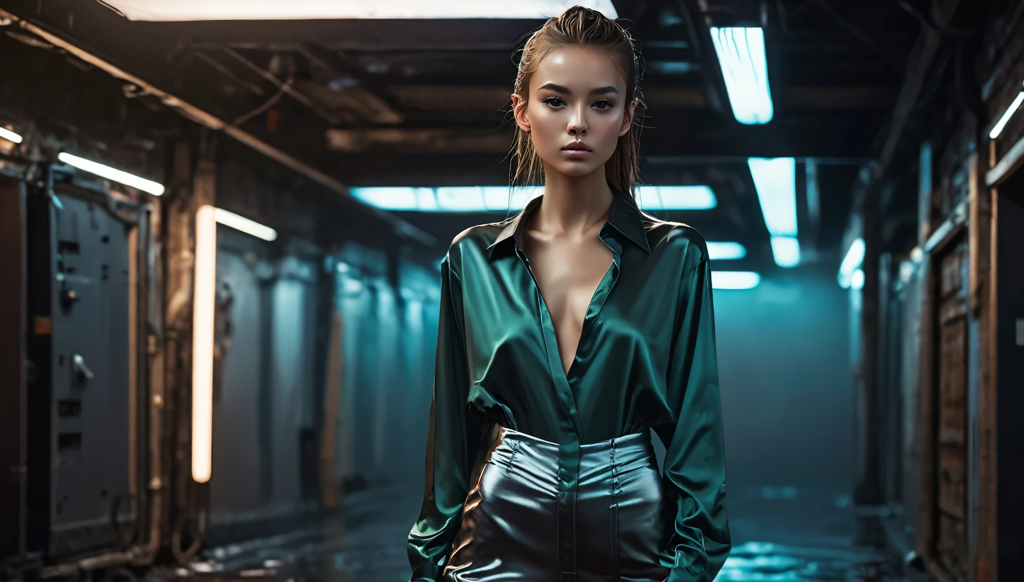 Top Quality, Masterpiece, High Resolution, 8k, (((cute skinny barely legal girl in oversized satin shirt and wetlook leggings, bare belly, wide neckline, deep neckline, small perky breasts, beautiful detailed eyes, beautiful detailed lips, small closed mouth, extremely detailed face, long ponytail hair, small hips))), cyberpunk apartment, moody atmosphere, dramatic and random neon colors, futuristic setting, intricate details, at night, backlit, full body shot, view from distance