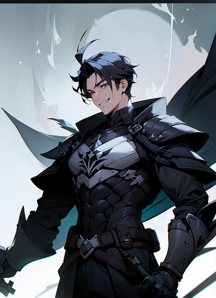 1 , handsome fashion hair,black hair highlightwhite, fanstasy, smile face, male ,fantasy, reaper, hunter with blackshortsword, villian face, black armor , darkness wolrd, bad