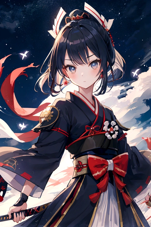 A style that combines traditional Japanese beauty with modern sensibilities.、A powerful and fantastical image。Fearless revolution and anti-war nation、Themes such as Samurai Warriors for Boys and Girls、starの光が描く歴史の物語。Elements of Sum、Boys and girls in Japanese combat uniforms in front、Holding a sword、たくさんのstar々and its shadow,night、star々、流star、Pose of fighting with a sword