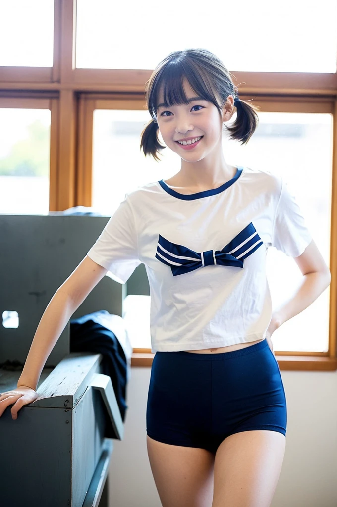 girls walking in sunny wooden school classroom,white school t-shirt with blue trim,navy blue swimming briefs,18-year-old,bangs,a little smile,wiggle hips,thighs,knees,short hair with low pigtails bunches,from beside,front light